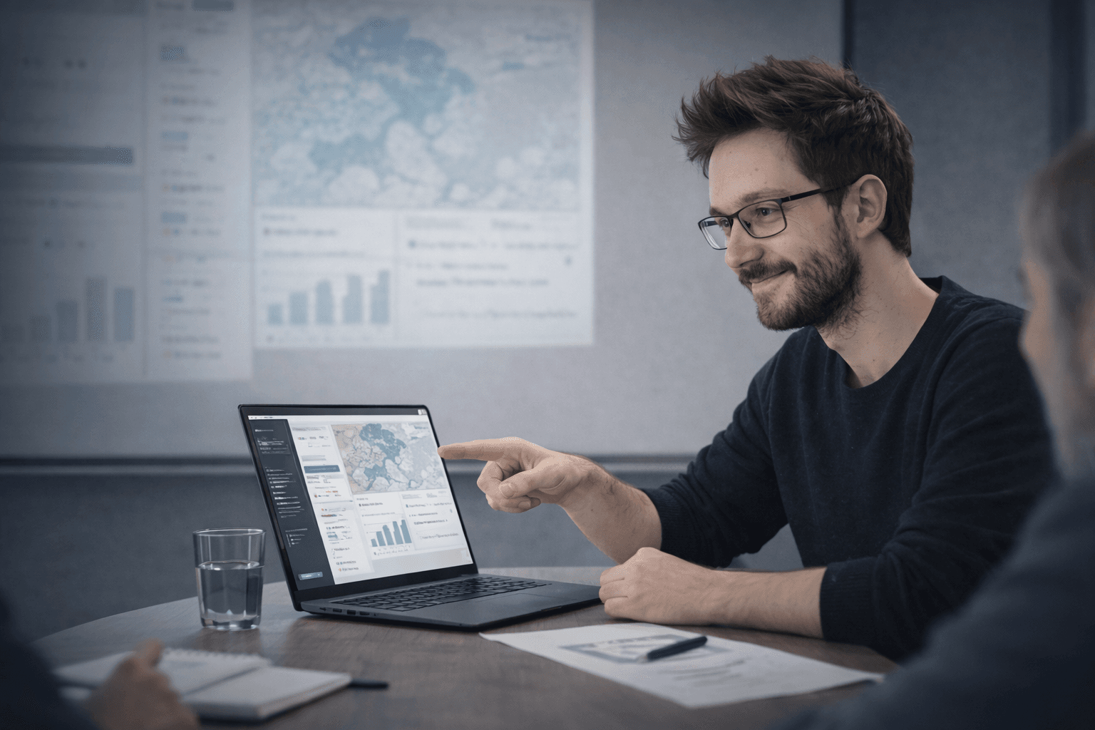 Junger Mann zeigt auf einen Laptop.